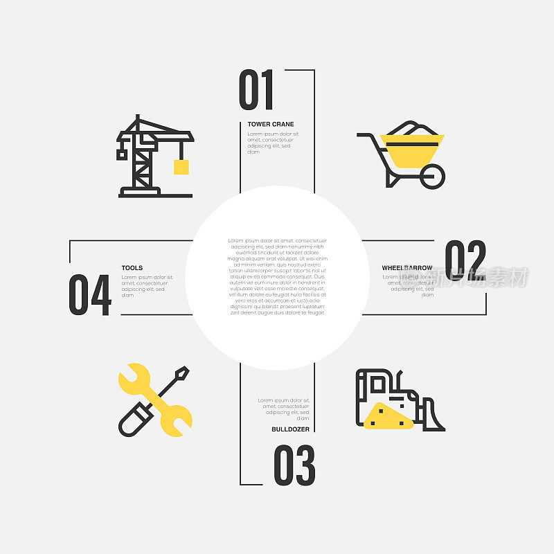 Infographic design template. Tower crane, Wheelbarrow, Bulldozer, Tools icons with 4 options or steps.